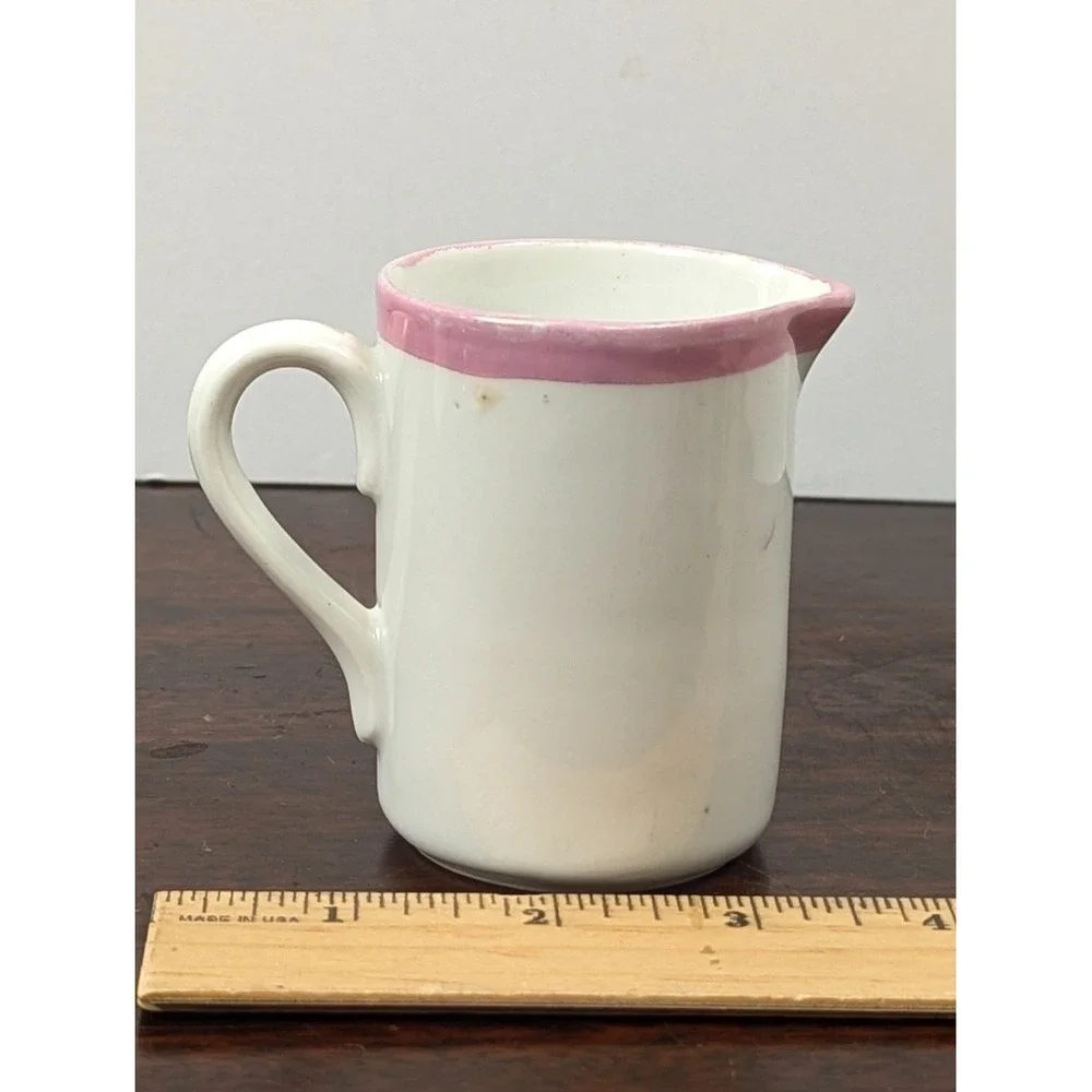 Vintage Mini Porcelain Creamer Pitcher Two Girls Floral Pink Rim 3.25